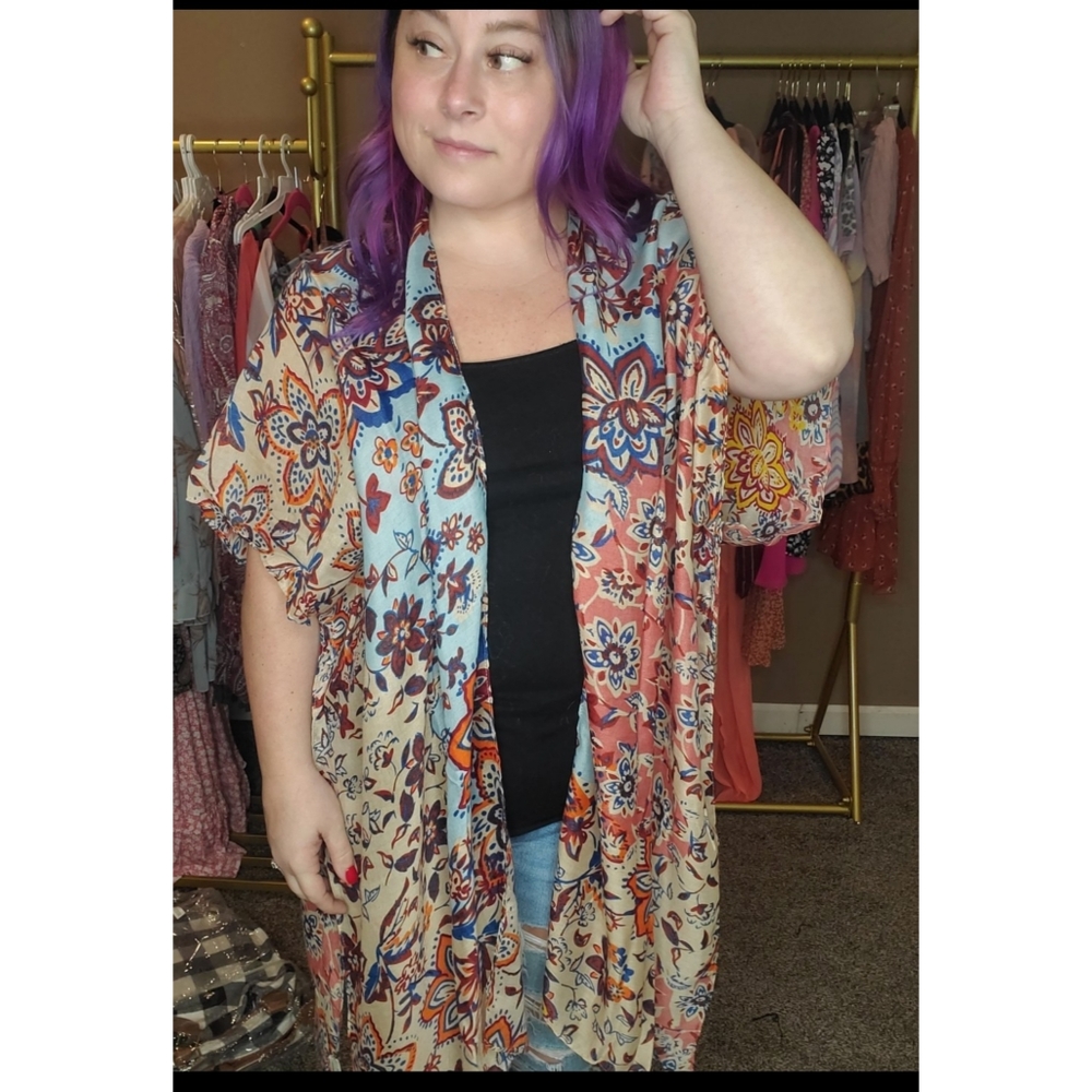 Lovely coral & blue flowy boho floral paisley print open front kimono - Picture 4 of 4